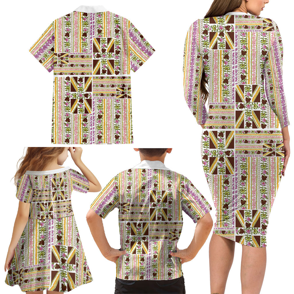 Hawaii Lokelani Pikake Lei Family Matching Long Sleeve Bodycon Dress and Hawaiian Shirt Hawaiian Flag Motif