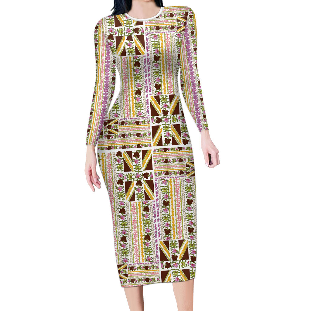 Hawaii Lokelani Pikake Lei Family Matching Long Sleeve Bodycon Dress and Hawaiian Shirt Hawaiian Flag Motif