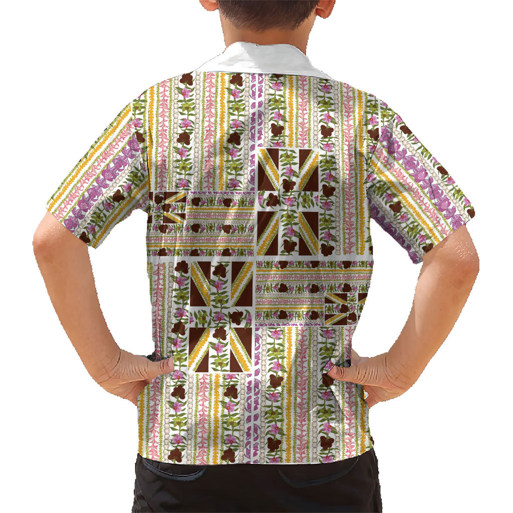 Hawaii Lokelani Pikake Lei Family Matching Off Shoulder Maxi Dress and Hawaiian Shirt Hawaiian Flag Motif