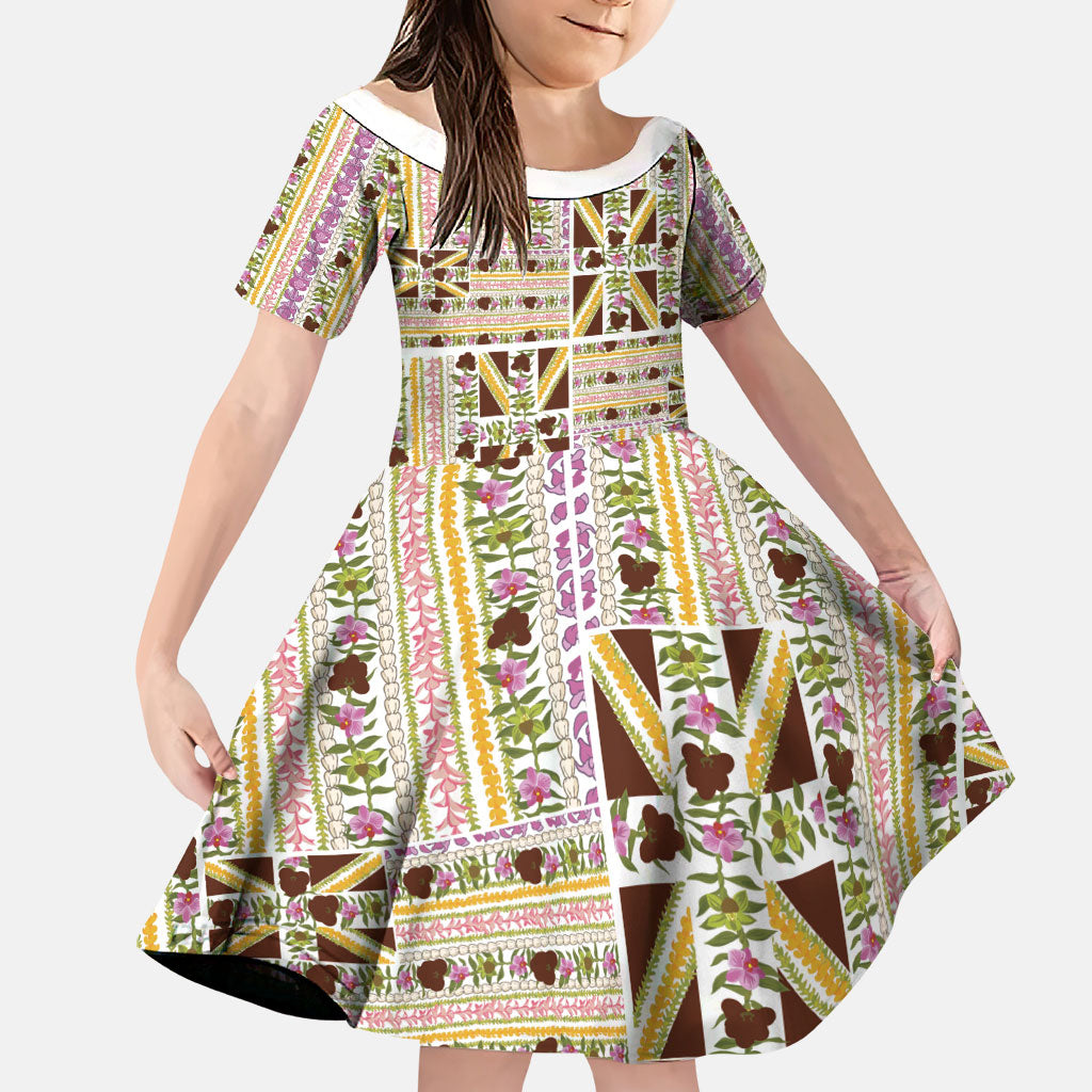 Hawaii Lokelani Pikake Lei Family Matching Off Shoulder Maxi Dress and Hawaiian Shirt Hawaiian Flag Motif