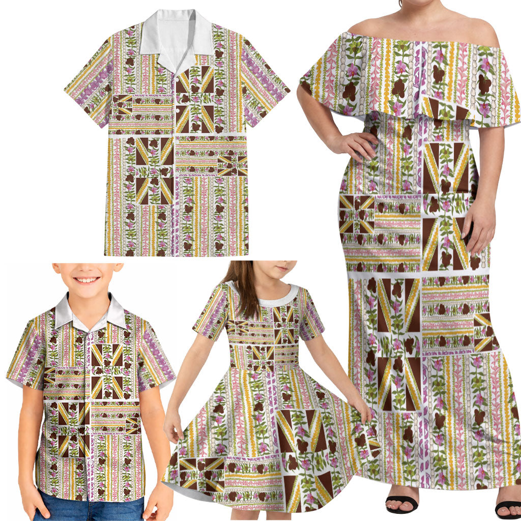 Hawaii Lokelani Pikake Lei Family Matching Off Shoulder Maxi Dress and Hawaiian Shirt Hawaiian Flag Motif LT9 - Polynesian Pride