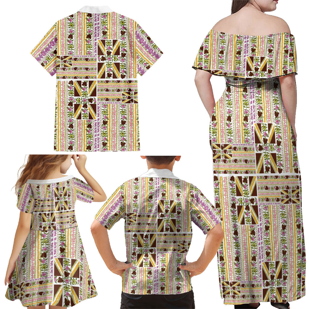 Hawaii Lokelani Pikake Lei Family Matching Off Shoulder Maxi Dress and Hawaiian Shirt Hawaiian Flag Motif