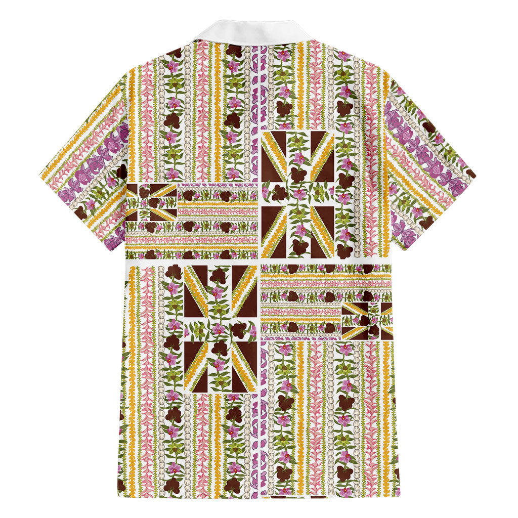 Hawaii Lokelani Pikake Lei Family Matching Off Shoulder Maxi Dress and Hawaiian Shirt Hawaiian Flag Motif
