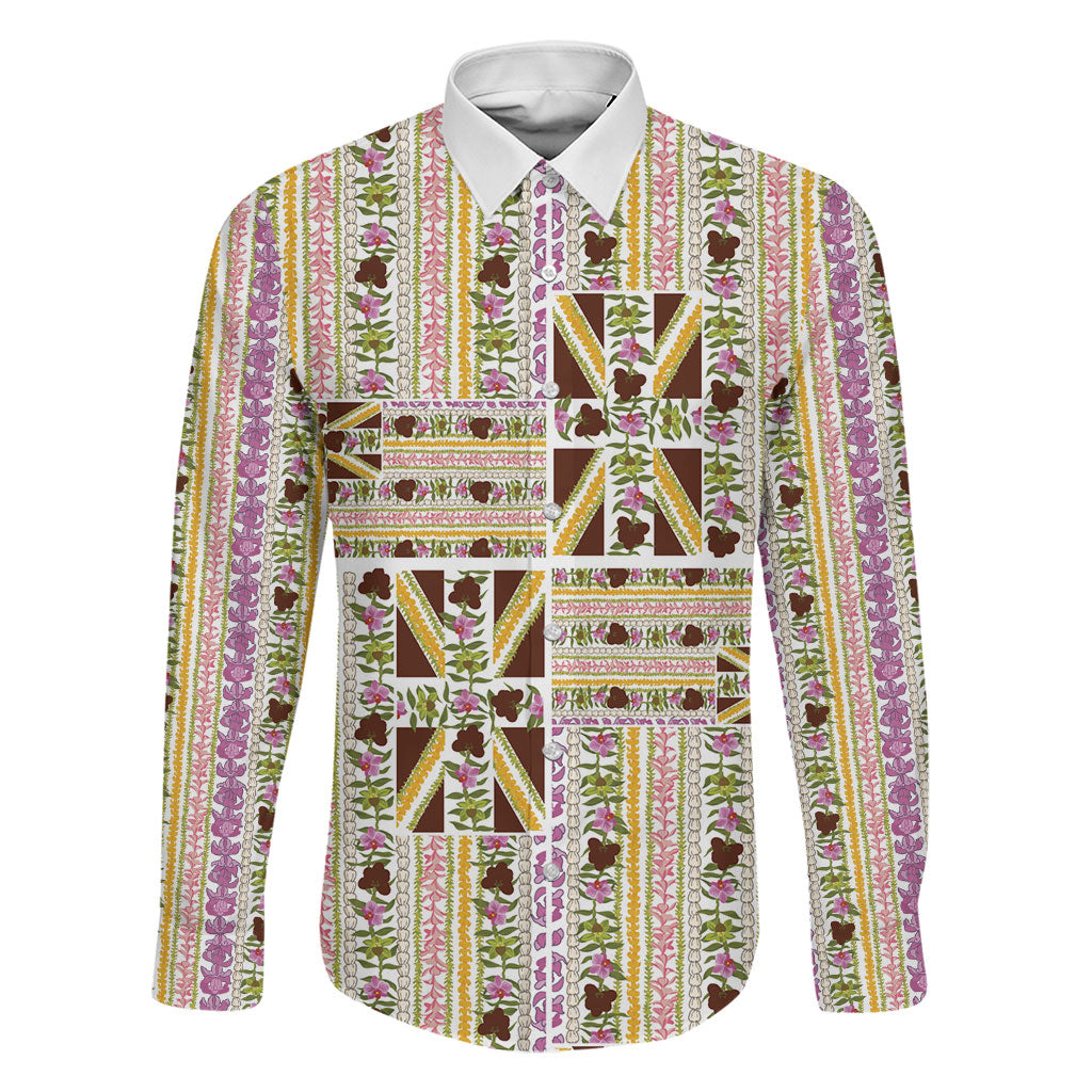 Hawaii Lokelani Pikake Lei Family Matching Off Shoulder Maxi Dress and Hawaiian Shirt Hawaiian Flag Motif
