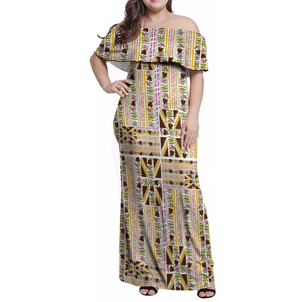 Hawaii Lokelani Pikake Lei Family Matching Off Shoulder Maxi Dress and Hawaiian Shirt Hawaiian Flag Motif
