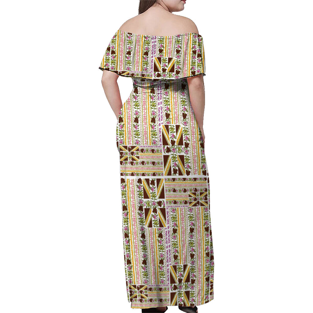 Hawaii Lokelani Pikake Lei Family Matching Off Shoulder Maxi Dress and Hawaiian Shirt Hawaiian Flag Motif