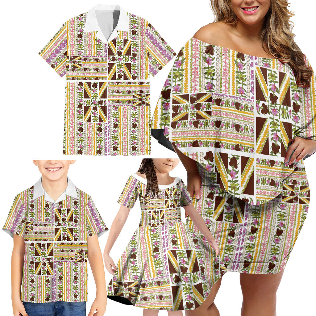 Hawaii Lokelani Pikake Lei Family Matching Off Shoulder Short Dress and Hawaiian Shirt Hawaiian Flag Motif