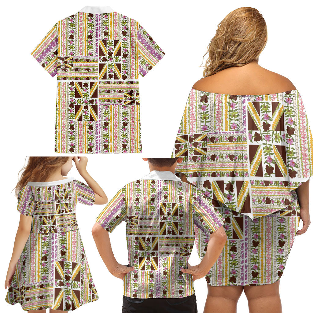 Hawaii Lokelani Pikake Lei Family Matching Off Shoulder Short Dress and Hawaiian Shirt Hawaiian Flag Motif