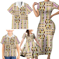 Hawaii Lokelani Pikake Lei Family Matching Short Sleeve Bodycon Dress and Hawaiian Shirt Hawaiian Flag Motif