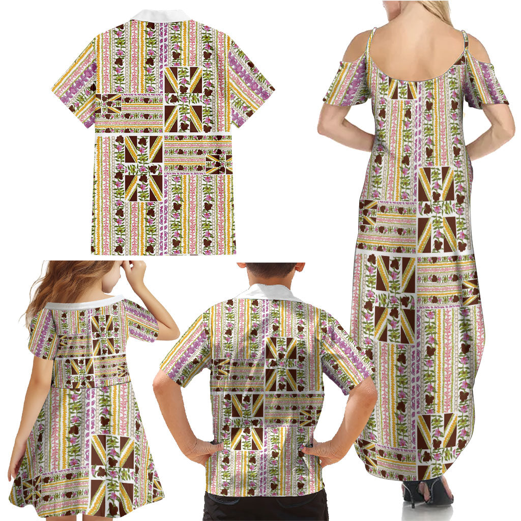 Hawaii Lokelani Pikake Lei Family Matching Summer Maxi Dress and Hawaiian Shirt Hawaiian Flag Motif