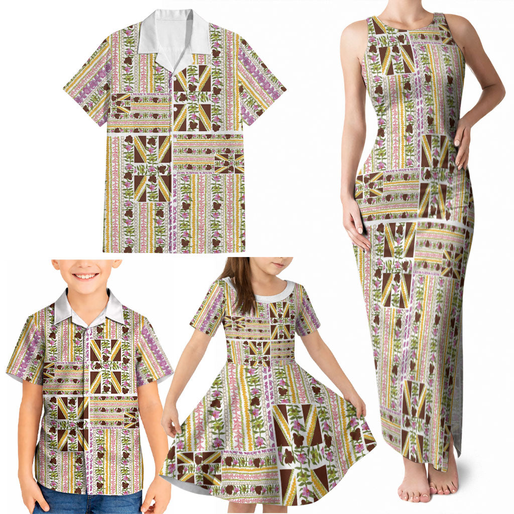 Hawaii Lokelani Pikake Lei Family Matching Tank Maxi Dress and Hawaiian Shirt Hawaiian Flag Motif LT9 - Polynesian Pride