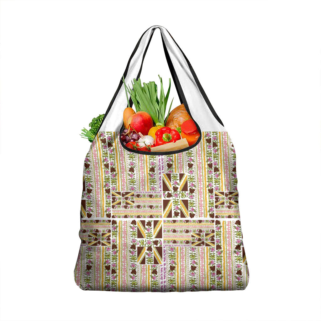 Hawaii Lokelani Pikake Lei Grocery Bag Hawaiian Flag Motif LT9 1-pack One Size White - Polynesian Pride