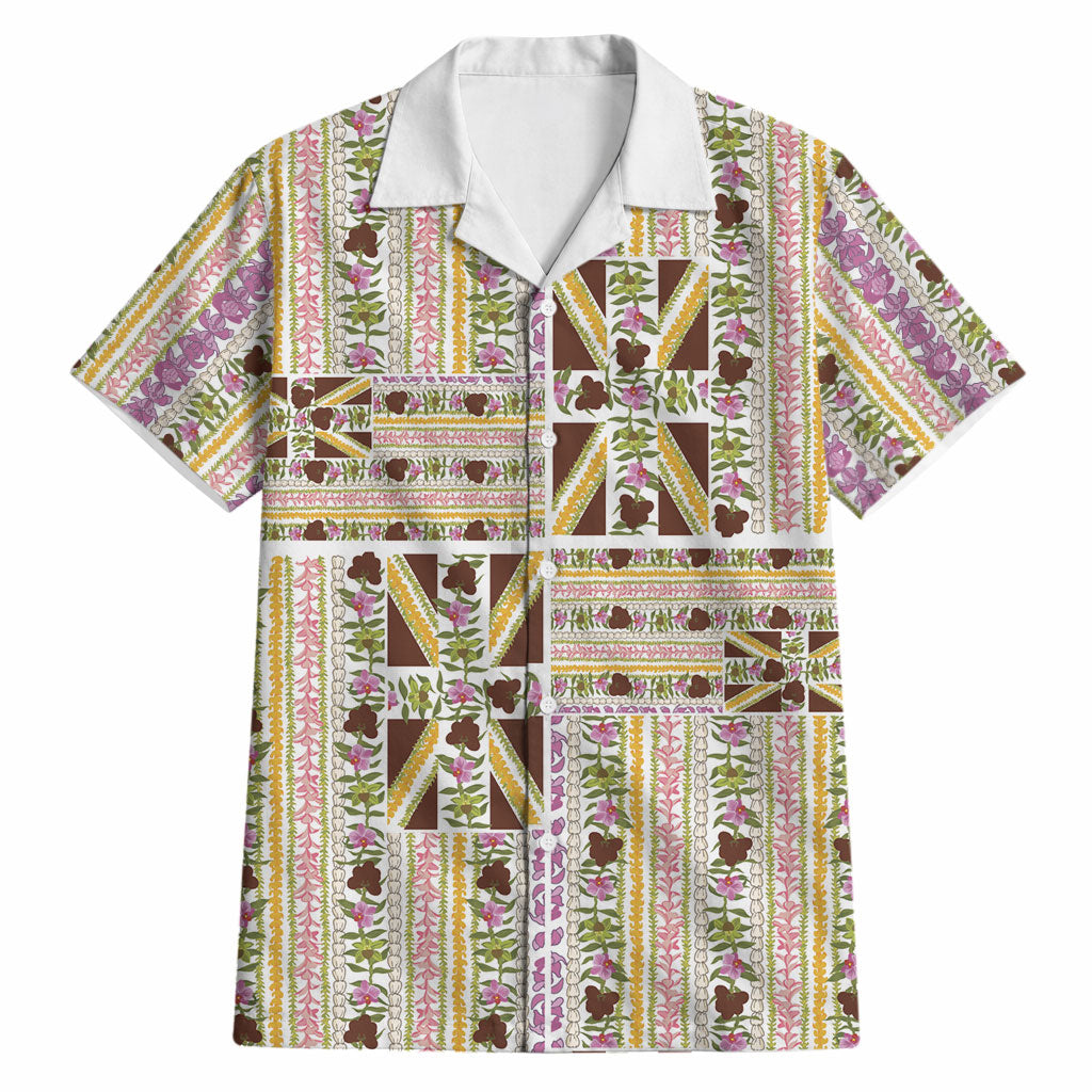 Hawaii Lokelani Pikake Lei Hawaiian Shirt Hawaiian Flag Motif LT9 White - Polynesian Pride