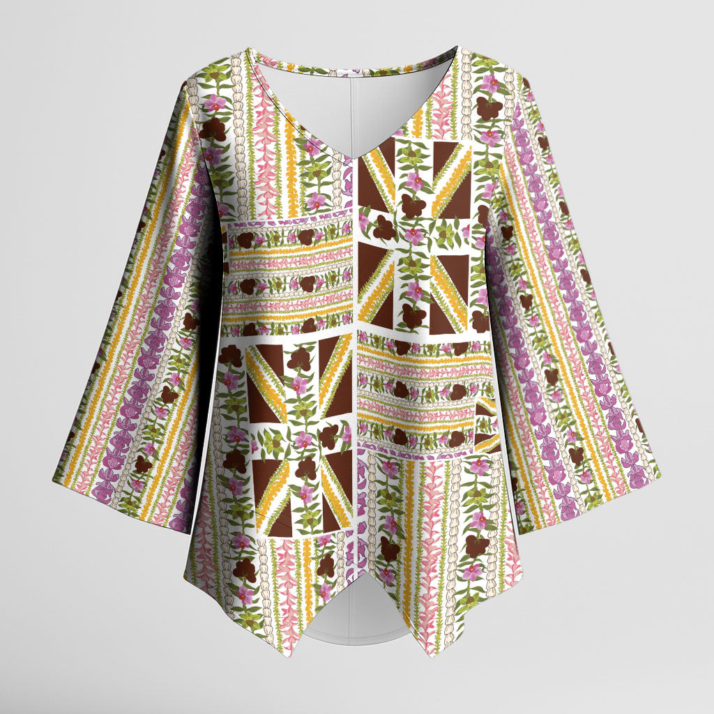 Hawaii Lokelani Pikake Lei Kimono Sleeve Blouse Hawaiian Flag Motif LT9 Female White - Polynesian Pride