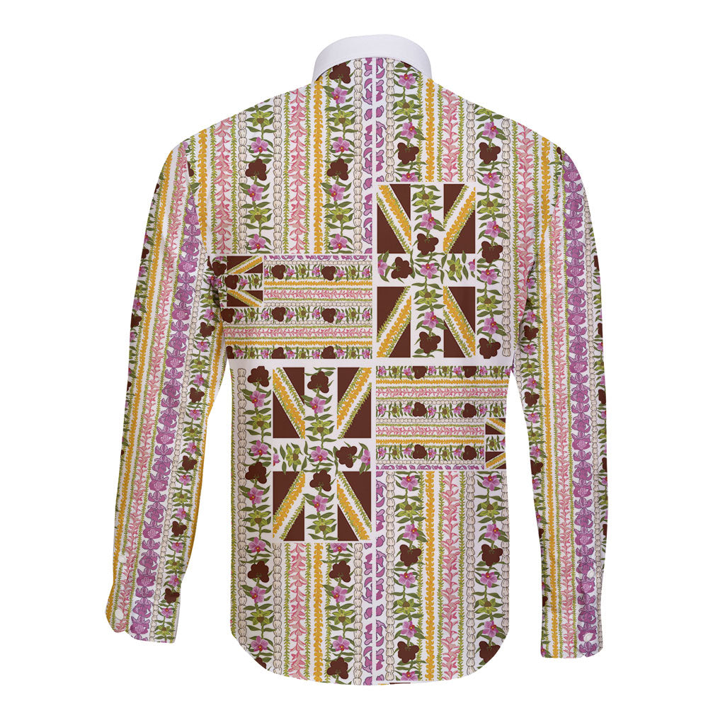 Hawaii Lokelani Pikake Lei Long Sleeve Button Shirt Hawaiian Flag Motif
