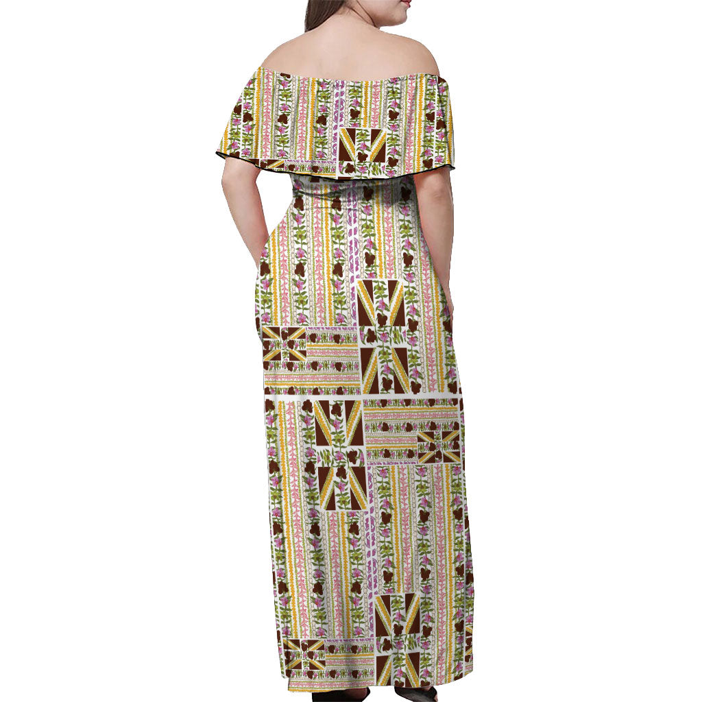 Hawaii Lokelani Pikake Lei Off Shoulder Maxi Dress Hawaiian Flag Motif