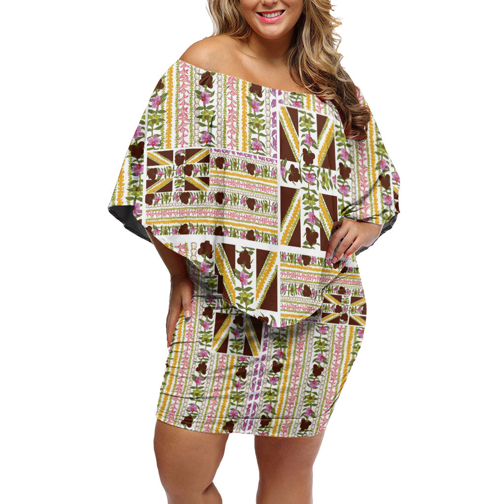 Hawaii Lokelani Pikake Lei Off Shoulder Short Dress Hawaiian Flag Motif LT9 Women White - Polynesian Pride