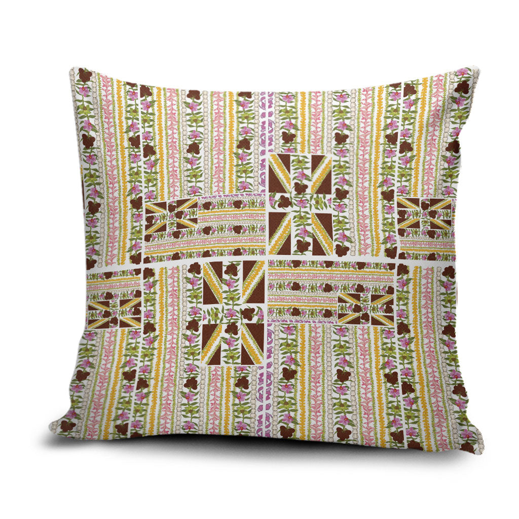 Hawaii Lokelani Pikake Lei Pillow Cover Hawaiian Flag Motif LT9 White - Polynesian Pride