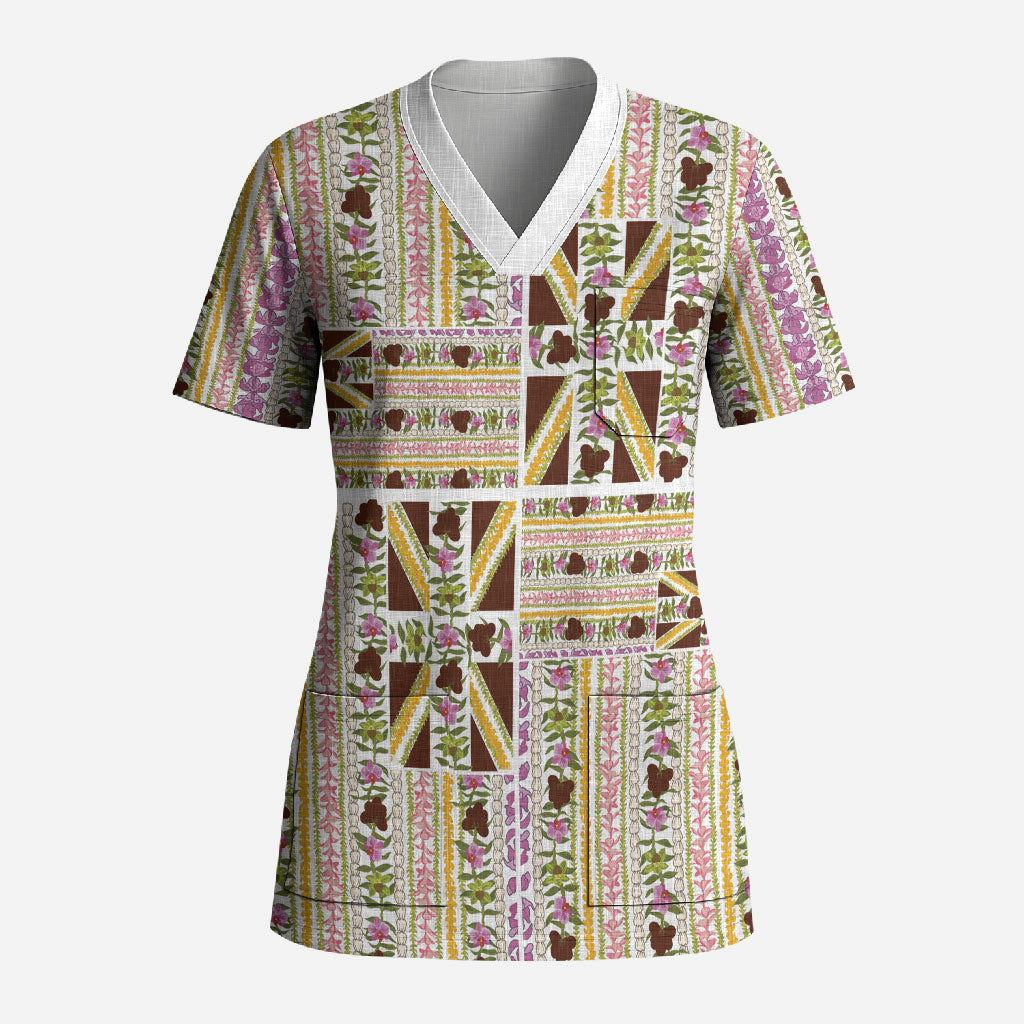 Hawaii Lokelani Pikake Lei Scrub Top Hawaiian Flag Motif LT9 Adult White - Polynesian Pride