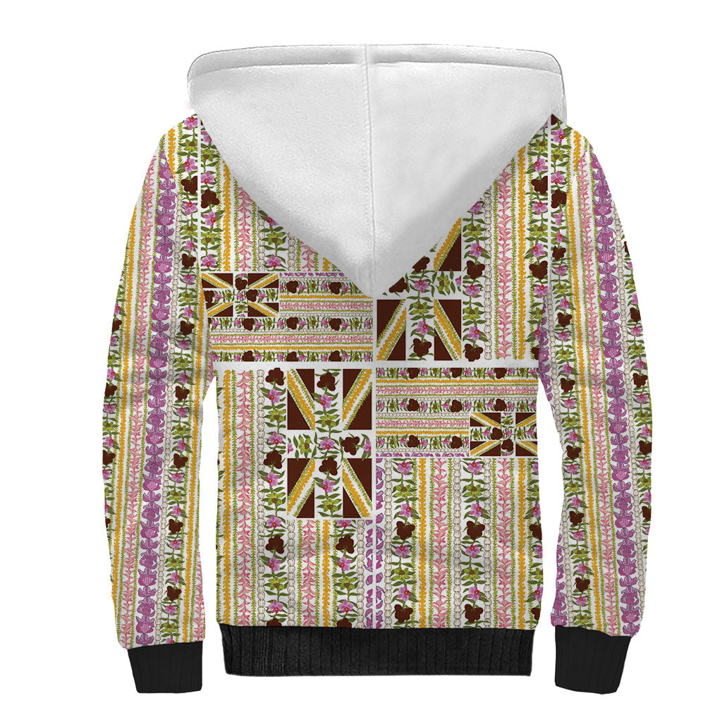Hawaii Lokelani Pikake Lei Sherpa Hoodie Hawaiian Flag Motif