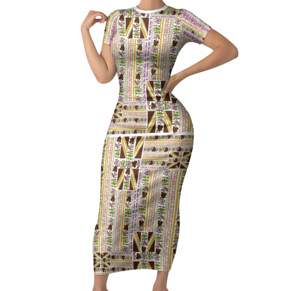 Hawaii Lokelani Pikake Lei Short Sleeve Bodycon Dress Hawaiian Flag Motif LT9 Long Dress White - Polynesian Pride