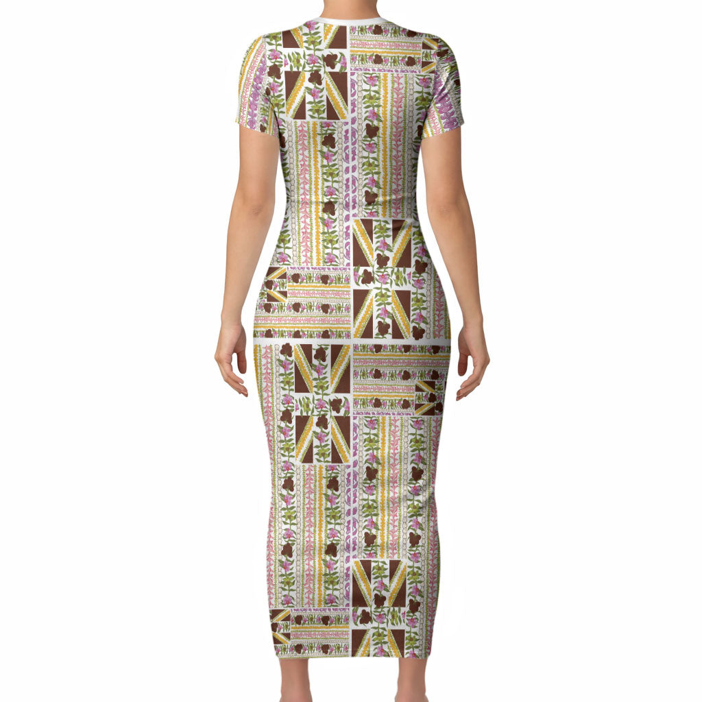 Hawaii Lokelani Pikake Lei Short Sleeve Bodycon Dress Hawaiian Flag Motif LT9 - Polynesian Pride