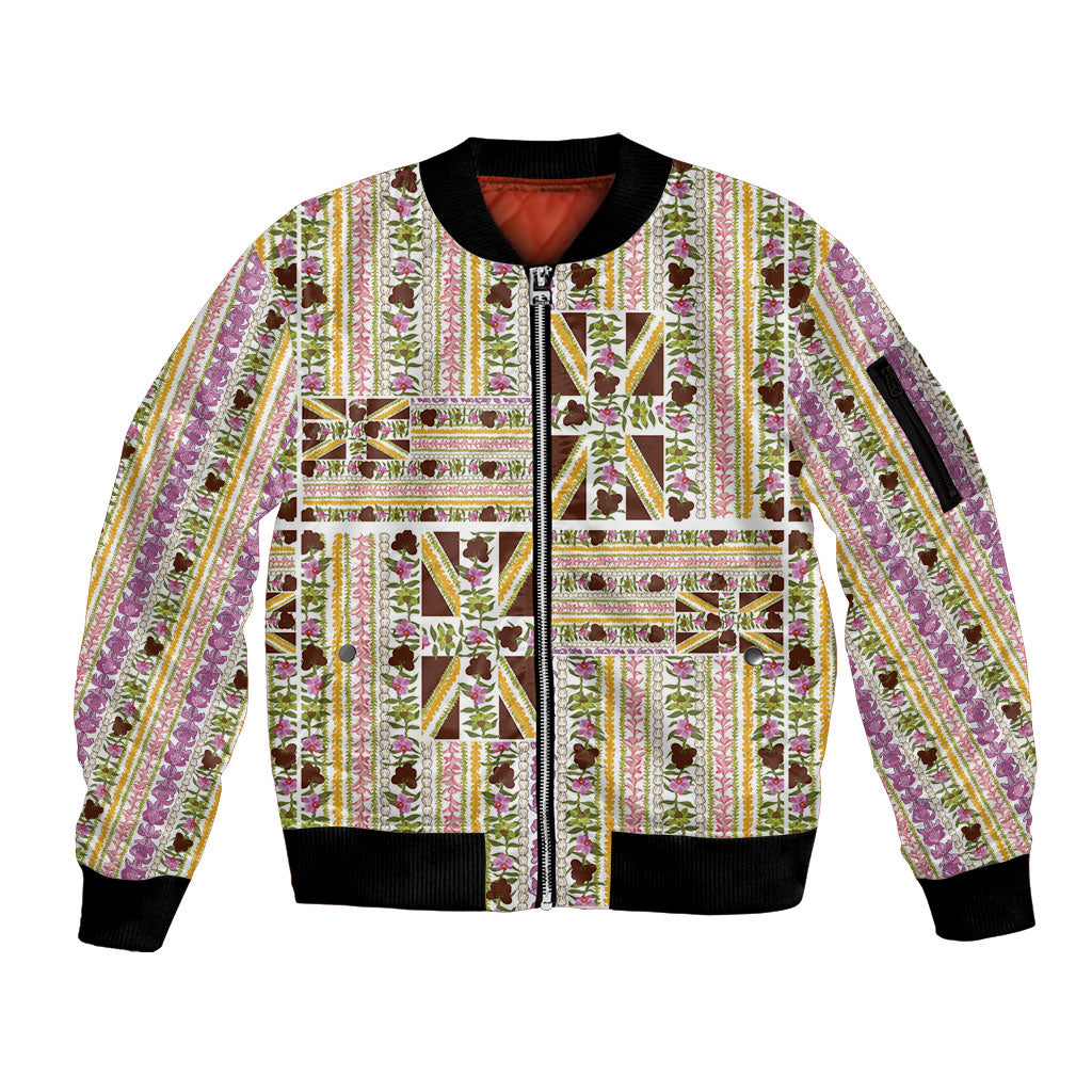 Hawaii Lokelani Pikake Lei Sleeve Zip Bomber Jacket Hawaiian Flag Motif