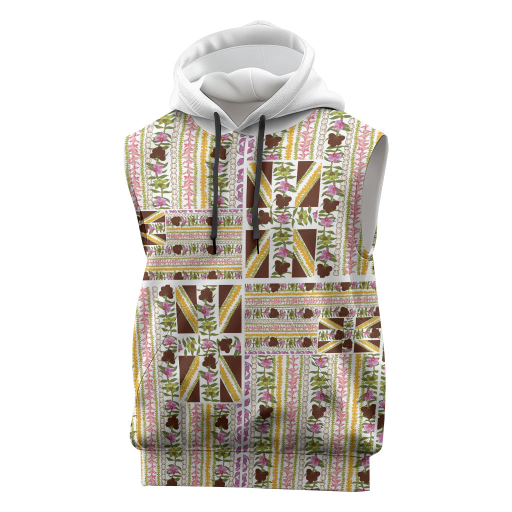 Hawaii Lokelani Pikake Lei Sleeveless Hoodie Hawaiian Flag Motif LT9 White - Polynesian Pride