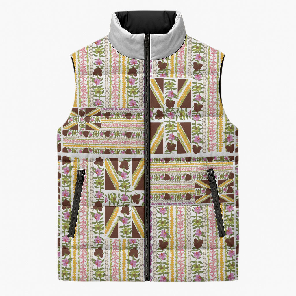 Hawaii Lokelani Pikake Lei Sleeveless Puffer Jacket Hawaiian Flag Motif LT9 Unisex White - Polynesian Pride