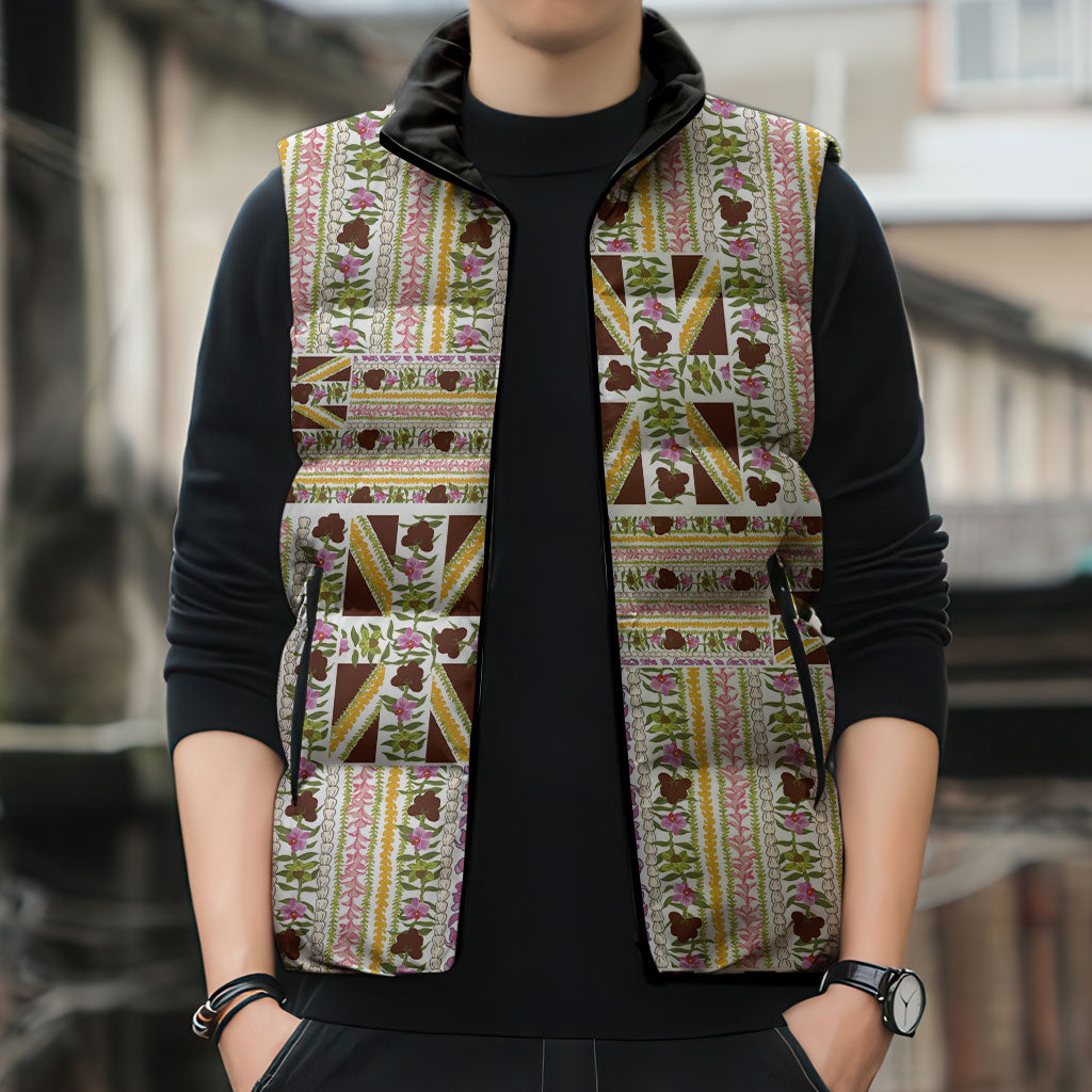 Hawaii Lokelani Pikake Lei Sleeveless Puffer Jacket Hawaiian Flag Motif