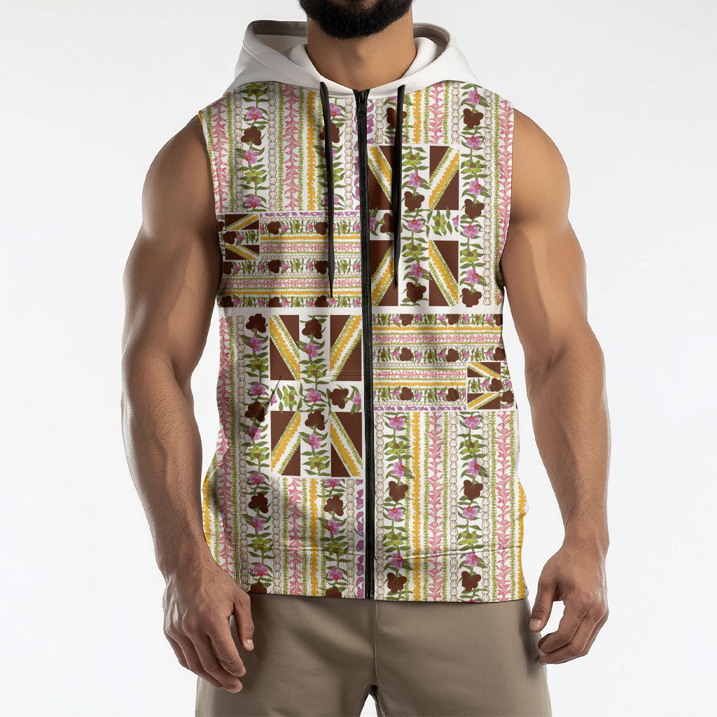 Hawaii Lokelani Pikake Lei Sleeveless Zip Hoodie Hawaiian Flag Motif