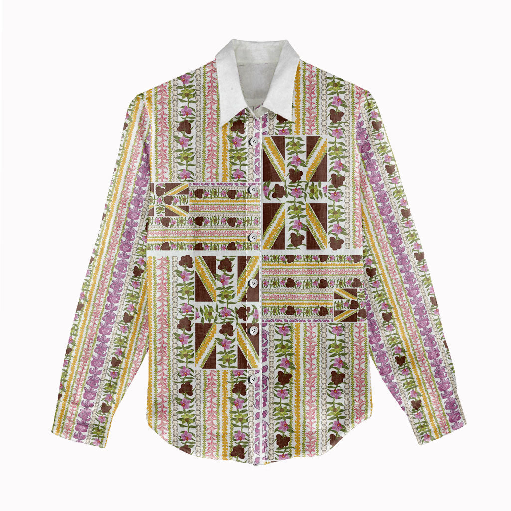 Hawaii Lokelani Pikake Lei Women Casual Shirt Hawaiian Flag Motif