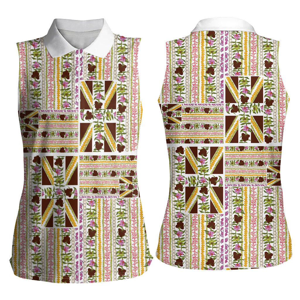 Hawaii Lokelani Pikake Lei Women Sleeveless Polo Shirt Hawaiian Flag Motif