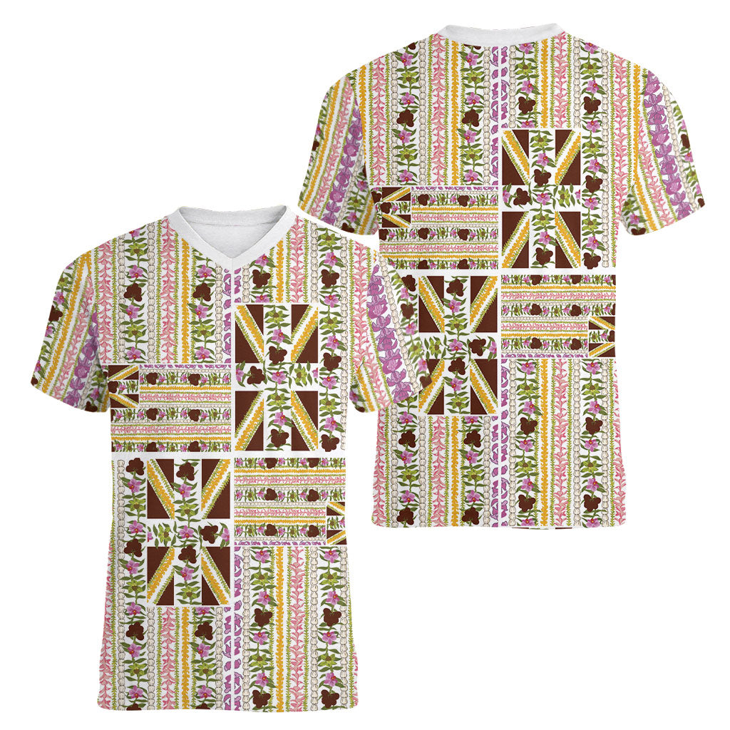 Hawaii Lokelani Pikake Lei Women V-Neck T-Shirt Hawaiian Flag Motif