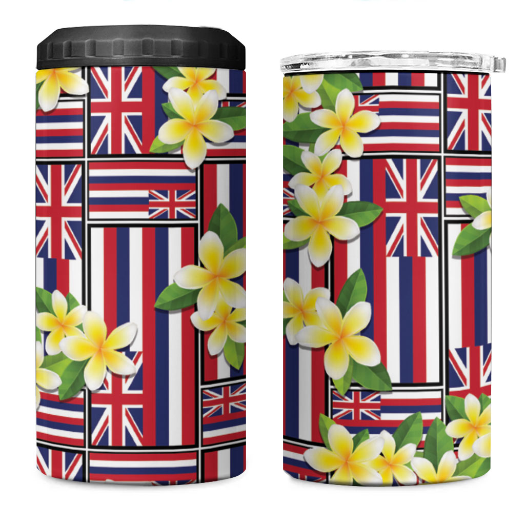 Hawaii Plumeria Lei 4 in 1 Can Cooler Tumbler Hawaiian Flag Motif