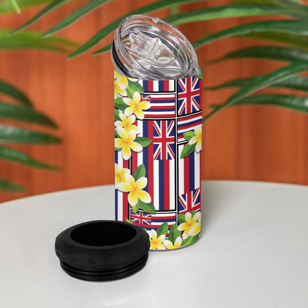 Hawaii Plumeria Lei 4 in 1 Can Cooler Tumbler Hawaiian Flag Motif