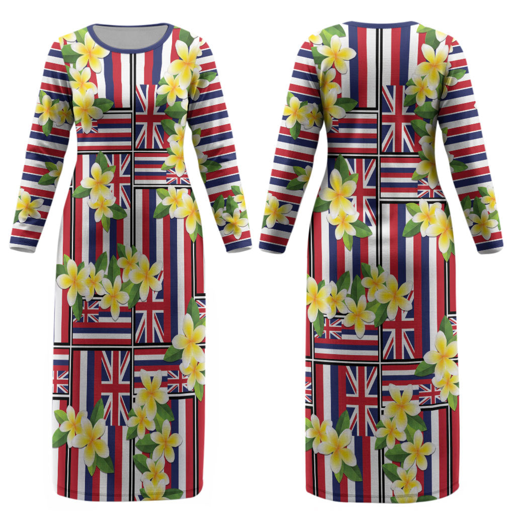Hawaii Plumeria Lei Couples Matching Long Sleeve Bodycon Dress and Hawaiian Shirt Hawaiian Flag Motif LT9 - Polynesian Pride
