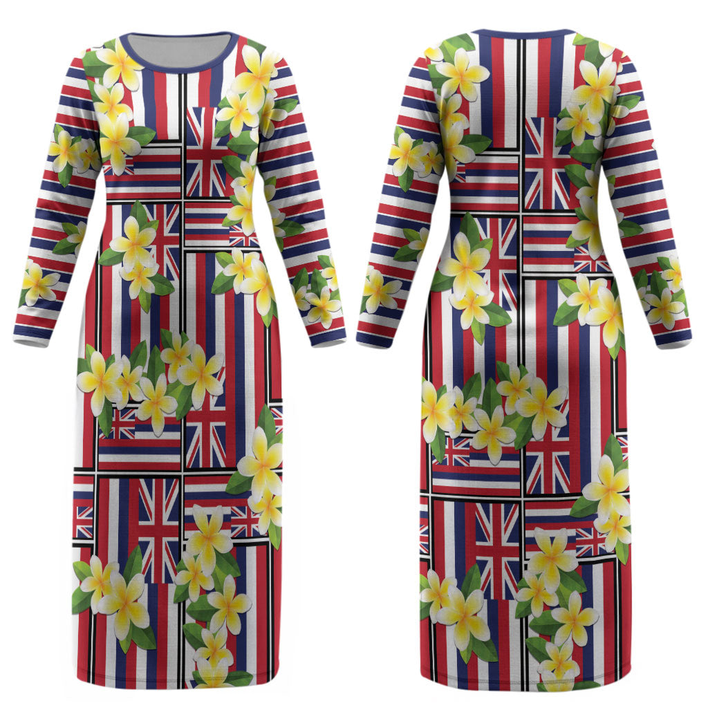 Hawaii Plumeria Lei Couples Matching Long Sleeve Bodycon Dress and Long Sleeve Button Shirt Hawaiian Flag Motif LT9 - Polynesian Pride