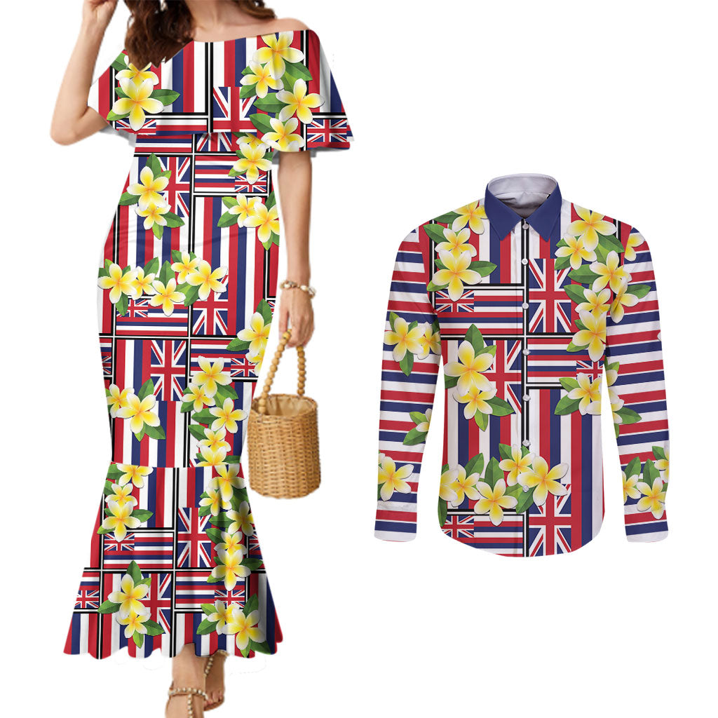 Hawaii Plumeria Lei Couples Matching Mermaid Dress and Long Sleeve Button Shirt Hawaiian Flag Motif