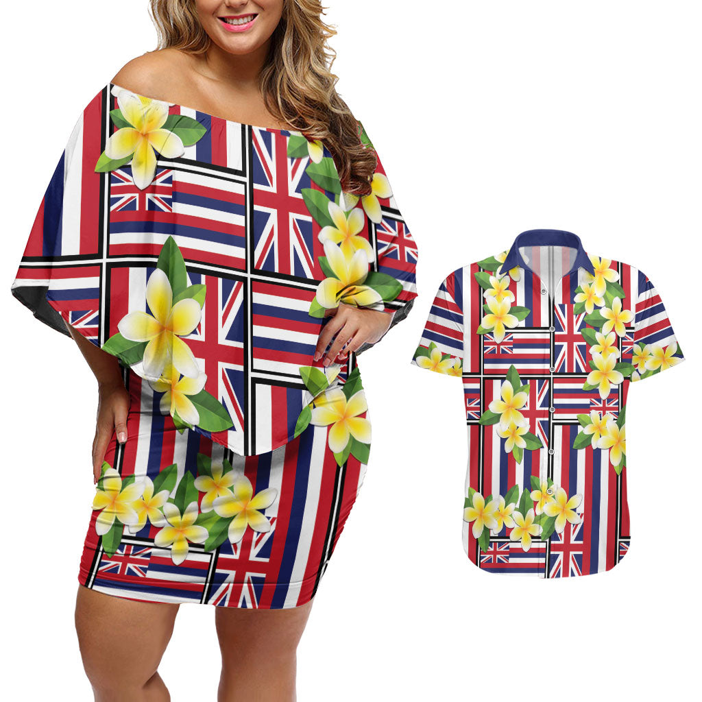Hawaii Plumeria Lei Couples Matching Off Shoulder Short Dress and Hawaiian Shirt Hawaiian Flag Motif