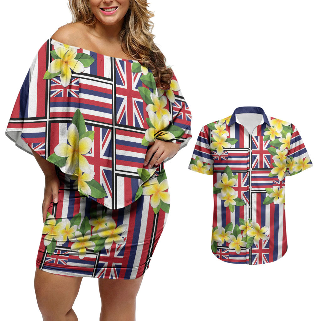 Hawaii Plumeria Lei Couples Matching Off Shoulder Short Dress and Hawaiian Shirt Hawaiian Flag Motif LT9 Red - Polynesian Pride