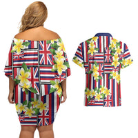 Hawaii Plumeria Lei Couples Matching Off Shoulder Short Dress and Hawaiian Shirt Hawaiian Flag Motif