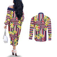 Hawaii Plumeria Lei Couples Matching Off The Shoulder Long Sleeve Dress and Long Sleeve Button Shirt Hawaiian Flag Motif