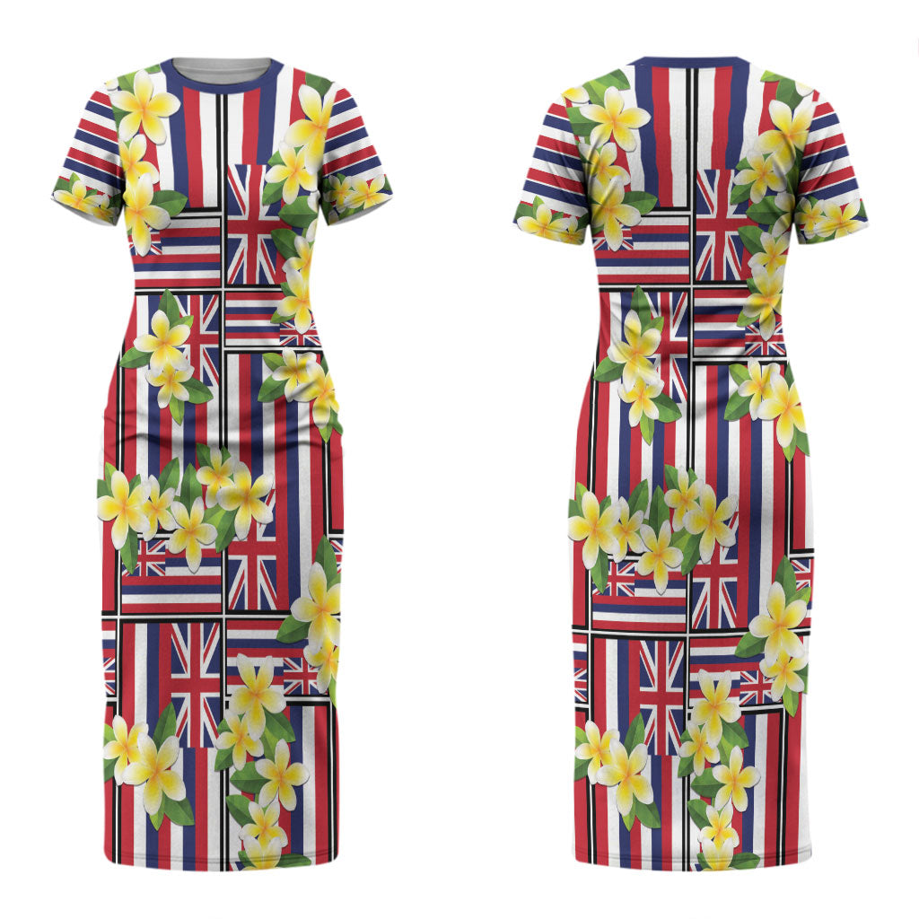 Hawaii Plumeria Lei Couples Matching Short Sleeve Bodycon Dress and Hawaiian Shirt Hawaiian Flag Motif LT9 - Polynesian Pride
