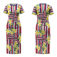 Hawaii Plumeria Lei Couples Matching Short Sleeve Bodycon Dress and Hawaiian Shirt Hawaiian Flag Motif LT9 - Polynesian Pride