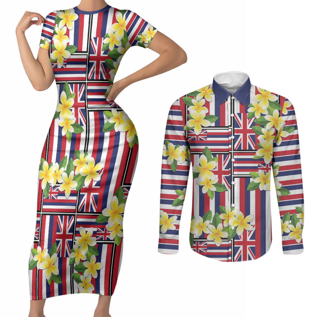 Hawaii Plumeria Lei Couples Matching Short Sleeve Bodycon Dress and Long Sleeve Button Shirt Hawaiian Flag Motif LT9 Red - Polynesian Pride