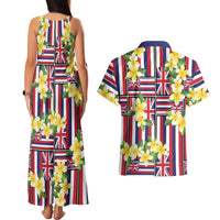 Hawaii Plumeria Lei Couples Matching Tank Maxi Dress and Hawaiian Shirt Hawaiian Flag Motif