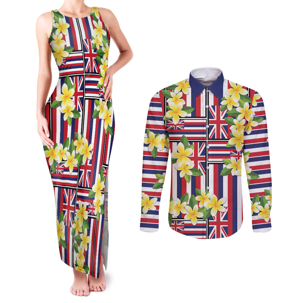 Hawaii Plumeria Lei Couples Matching Tank Maxi Dress and Long Sleeve Button Shirt Hawaiian Flag Motif