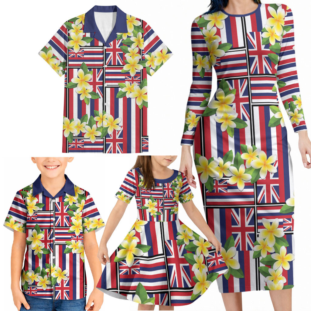 Hawaii Plumeria Lei Family Matching Long Sleeve Bodycon Dress and Hawaiian Shirt Hawaiian Flag Motif LT9 - Polynesian Pride