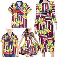 Hawaii Plumeria Lei Family Matching Long Sleeve Bodycon Dress and Hawaiian Shirt Hawaiian Flag Motif